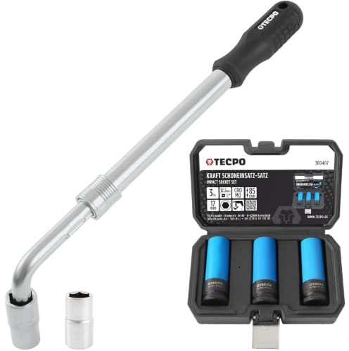 TECPO Teleskop Radmuttern Schlüssel Set mit Steckschlüssel-Einsatz 1/2 Zoll in 17/19mm und 21/23mm - mit 3X 17mm Schoneinsätze