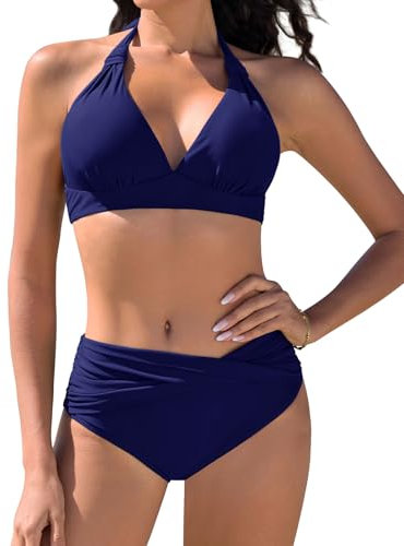 Vijamiy Bikini Damen Set Push Up Bikinis Zweiteiliger Bademode Swimsuit Träger Oberteil mit Nackenbügel(Marineblau,M)