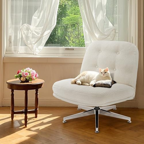 IWMH Bürostuhl ohne Armlehne, Sessel Wohnzimmer mit gekreuzten Beinen, Ergonomischer Drehstuhl mit Extra großes Kissen Stoff, Schreibtischstuhl für Heimbüro,Vanity,Schlafzimmer (Weiß)