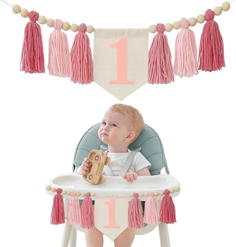 GlamRays Handgemachte Boho 1. Geburtstags Hochstuhlbanner Pink Party Dekoration für Mädchen Babyschaum