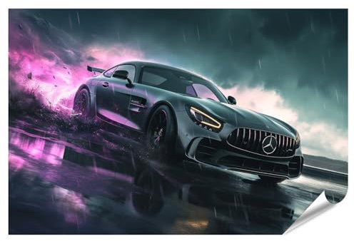 islandburner XXL Bild Poster Neonregen Mercedes AMG im Sturm für Wohnzimmer Autoliebhaber Autohaus Premium Bilder Fotodruck