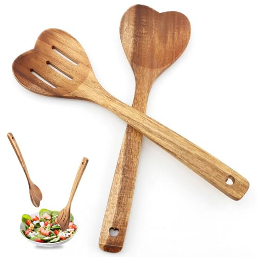 2pcs Wooden Heart Spoon for Cooking Wood Cook with Love Spoon Acac-ia Heart Shaped Wooden Spoons Bamboo Spoons for Housewarming,Birthday(COLOR:wood)