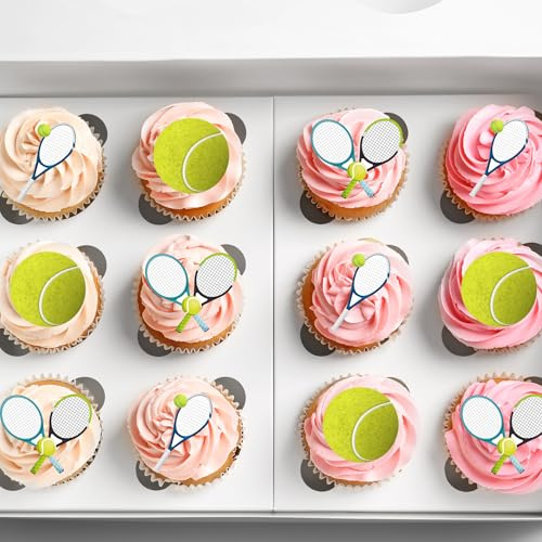26 x Pre-Cut Tennis Racket And Ball Edible Cupcake Toppers | Cake Decoration, Fairy Cakes, Premium Wafer Card