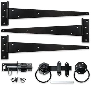 Epoxy Black 18 (450mm) Tee Hinges (3) with Plain Ring Gate Latch and Brenton Bolt Pack – Garden Gate Fitting Kit for Barn, Shed Door Gates