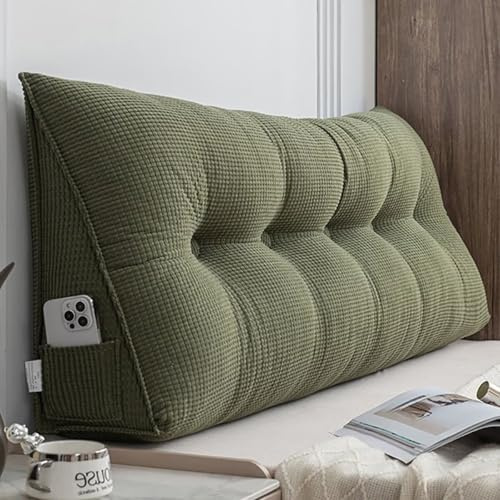 Rückenkissen Bett 140 cm Grün, Cozy Lesekissen für Bett und Sofa, Groß Keilkissen mit Abnehmbarem und Waschbarem Bezug, Praktischem Seitenfach, Rückenlehne für die Wand, Sitzkissen, Wandkissen