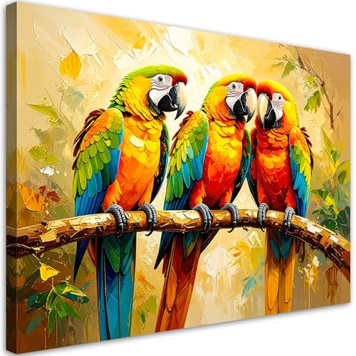 Feeby Leinwandbild - Bilder Wohnzimmer - Bunte - Papageien - Exotisch - 90x60 1tlg - Deko Schlafzimmer - Wanddekoration - Aesthetic - Groß Moderne Bild - Foto auf Leinwand