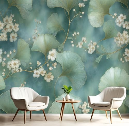GSAEIMCT Photo Papier Peint Vert Fleurs Feuilles De Ginkgo 3D Peintures Murales Restaurant Café Fond Plantes Rétro Chambre Bureau Couloir D'Écran Salon Tv D'Écran Mural Déco,200X140Cm