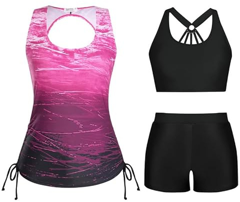 JASAMBAC Women Tankini Swimsuits 3 Piece Floral Print Athletic Bathing Suits Tummy Control Modest Swimwear with Boyshort