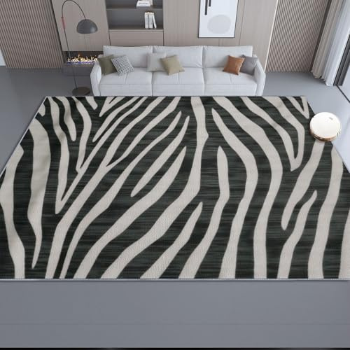 Waschbarer Läufer Zebra-Print einfach schwarz und weiß Teppich Eingangsbereich Innen Fussmatte 120 x 180 cm rutschfest Weich Kurzflor für Küchen Schlafzimmer Eingang Badezimmer Dunkelgrau Weiß