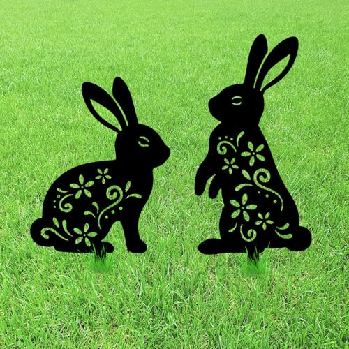 GLOBLELAND Gartenstecker Hasen, Metall Silhouette, 38x15cm & 34x18cm, Schwarz, 2 Stück, Dekorative Gartenpfähle für Rasen, Terrasse, Hof