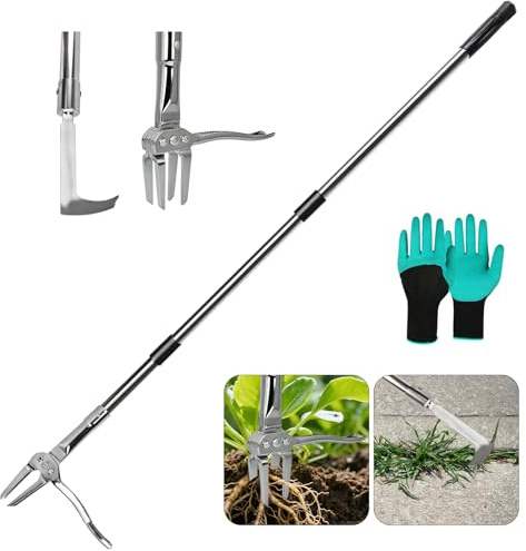 RYACO 50 Weed Puller with Stainless Steel 4-Claw Head, Stand Up Weed Remover Tool, Heavy Duty Dandelion Root Remover, Includes Replacement Patio Weed Scraper Head & Gardening Gloves