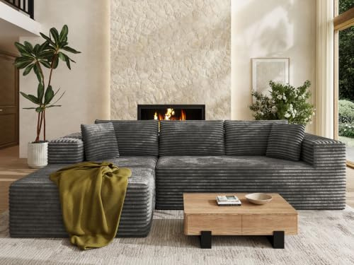 Txtin's Ecksofa 3-Sitzer Modulares Sofa, L-Form Sofa aus Cord 261 cm, Boneless Cloud Couch, Keine Montage Erforderlich, Sektionssofas mit Schlaffunktion, 261 x 146 x 80 cm, Dunkelgrau