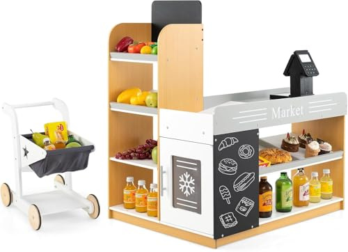 RELAX4LIFE Supermercado Juguete con Caja Registradora y Carrito de Compras | 2 Pizarras, Terminal de Tarjetas, Frigorífico y Tarjeta VIP, Supermercado de Madera con Estanterías para Niños 3+ Años