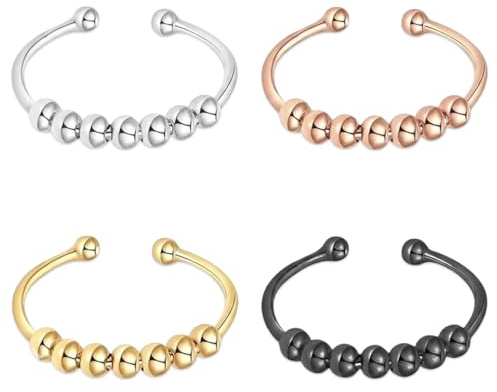 KAHZOR 4 Stück Anxiety Ring, Anti Stress Ring, Edelstahl Fidget Ring Mit Perlen, Antistress Ring, Stressring, Adhs Ring, Fidget Ring Damen Mann, Stressring Finger, Anti-Stress-Ring, Anxiety Rings