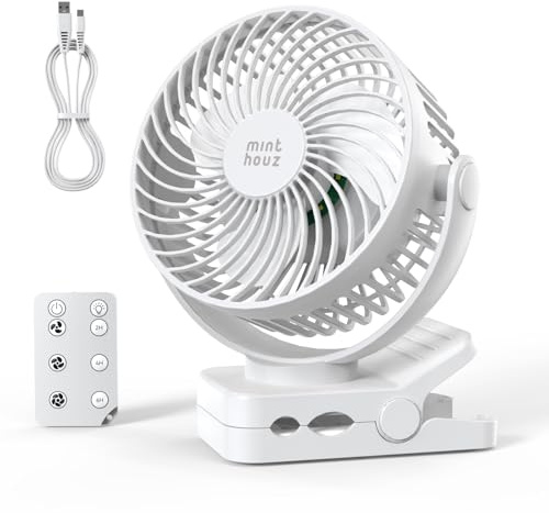 Minthouz Ventilatore da tavolo USB silenzioso con batteria da 12000 mAh, ventilatore portatile a clip con telecomando, luce, timer, rotazione a 360°, 3 livelli, 45 ore di autonomia, per campeggio