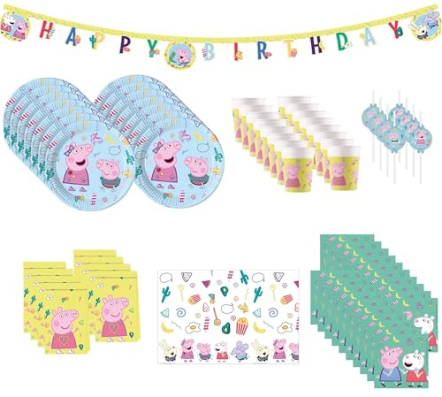 Procos Peppa Pig Partyset 70-tlg. für 16 Kinder FSC® | 16 Teller, 16 Becher, 20 Servietten, 1 Tischdecke, 8 Partytüten, 8 Trinkhalme, 1 Partykette