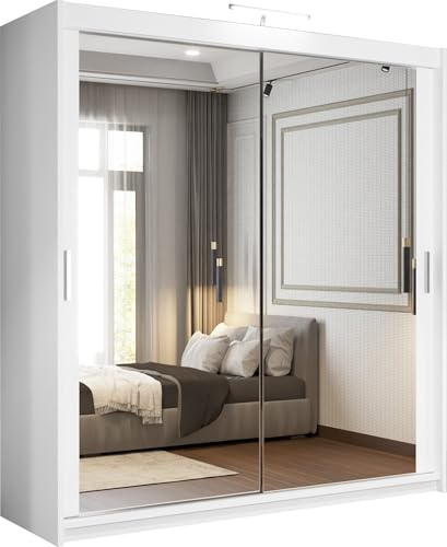 SLIDING WARDROBE 4U Double Mirrored Sliding Door Wardrobe with LED Light, Freestanding Bedroom Wardrobe, Customizable Interior, 90/100/120/150/180/203/250cm, MDF Chipboard (White, 120cm)