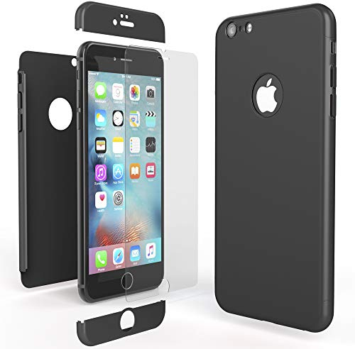 NALIA 360 Grad Handyhülle kompatibel mit iPhone 6 / 6s, Full-Cover & Glas vorne hinten Rundum Hülle Doppel-Schutz Dünn Ganzkörper Hard-Case Etui Handy-Tasche Bumper & Displayschutz, Farbe:Schwarz