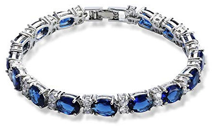 Deyanse Armband Damen, Tennis Armband, 18K Weißgold Vergoldet Tennisarmband mit Oval & Rund Zirkonia Geburtsstein, 18.5cm Armkette, Oval Saphir Blau Charm Armband mit Geschenkbox für Frau Mutter
