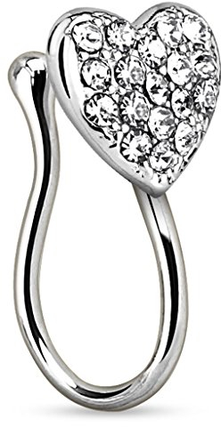 Piercingfaktor Fake Ring Non Piercing Nasenpiercing Nasenring Hoop Clip On Septum Nasenstecker Nase Messing Herz mit Kristallen Silber