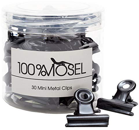 100% Mosel Mini Metallklammern, 30 Stück, in Schwarz, edle Bulldog Clips aus Metall, elegante Papierklammern, Organizer für Akten, Büro & Küche, hübsche Verpackung für Geschenke