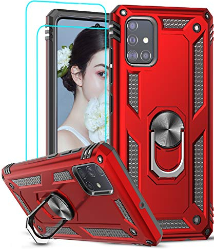 LeYi Coque pour Samsung Galaxy A51 4G avec [2 Pièces] Verre Trempé Anneau Support, Double Couche Renforcée Défense Bumper TPU Silicone Antichoc Armure Protection Housse Etui Samsung A51 Rouge