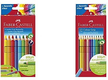Faber-Castell 280921 - Farbstift Jumbo Grip 8er mit Bleistift und Namensfeldstift & 112412 - Buntstifte Colour Grip, 12er Kartonetui