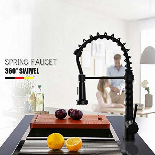 Huin Grifo de cocina de primavera negro mate abatible de 2 vías con espray monomando mezclador grifo del fregadero 360 grifos de cocina giratorios