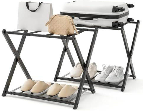 GIANTEX 2 Pz di Portavaligia Pieghevole, Portata 70 kg, a 2 Ripiani, con Scarpiera, Struttura in Ferro, Multiuso Salvaspazio, Ideale per Viaggio e Hotel, 63,5x44x67 cm, 2 Colori (Nero)
