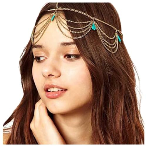 Yheakne Boho Türkis Stirnband Gold Layered Quaste Kopf Kette Gypsy Haarkette Festival Hochzeit Kopfschmuck Dekorativer Kopfschmuck Haarschmuck für Frauen und Teen Mädchen Geschenke