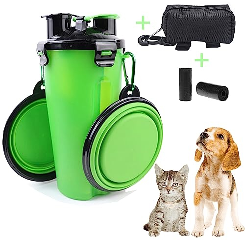 LOW&EE® Botella de Agua para Perro Portátil - Envase de Agua 2 en 1 para Comida y Bebida para Mascotas con 2 Cuencos Plegables - Bolso Dispensador Excrementos y 30 Bolsas (Verde)