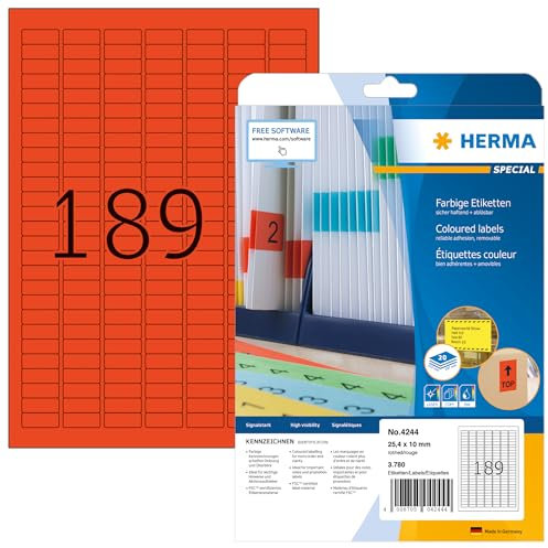 HERMA 4244 Farbige Etiketten rot ablösbar, 640 Blatt, 25,4 x 10 mm, 189 pro A4 Bogen, 120960 Stück, selbstklebend, bedruckbar, matt, blanko Papier Farbetiketten Aufkleber