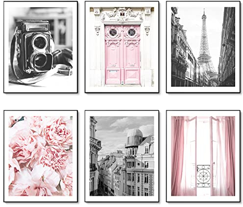Mode Vintage Affiches murales de Paris Lot de 6 Noir et blanc Toile Affiche Tour Eiffel Fleur Rose Photos Décoration murale 8x10 (20.3x25.4cm) SANS CADRE