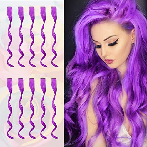 Sofeiyan 10 Pcs Colored Hair Extensions Party Highlights Colorful Clip in Hair Extensions 17 Inch Curly Wavy Synthetic Hairpieces for Women Party, Violet
