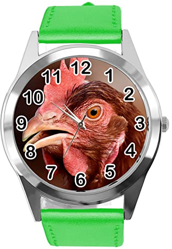 TAPORT Grüne Leder Runde Uhr für Fans von Huhn, grün, Gurt