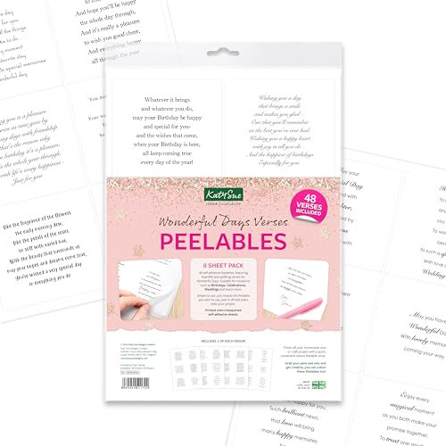 Katy Sue Wonderful Days Peelables Stickers for Card Making. 48 Peelable Verses, Peel Offs & Sentiments for Card Making Supplies from Katy Sue Designs. Sticker Size 99 x 93 MMS or 4 x 3.7 inches