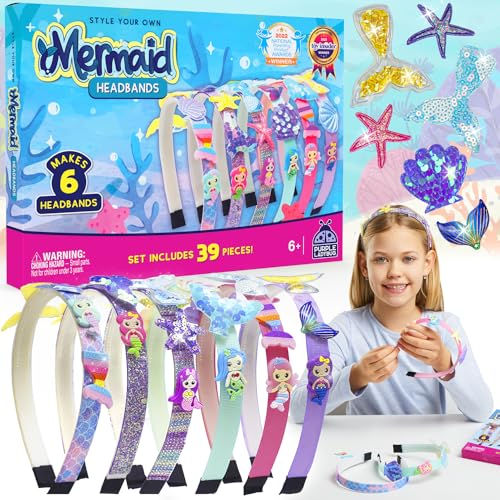 PURPLE LADYBUG Meerjungfrau Haarreifen Selber Machen - Bastelset Kinder ab 6 Jahre - Coole Schulanfang Mädchen Geschenk 7 8 9 10 11 12 Jahre - Kreatives Haarband Basteln Mädchen 8 Jahre