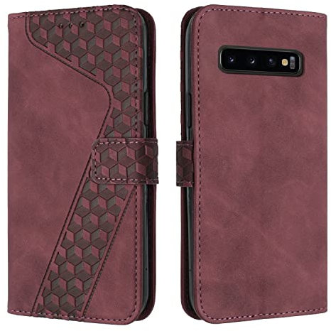 OKZone Kompatibel mit Samsung Galaxy S10 Plus Hülle, Handyhülle Samsung S10 Plus, PU Leder Tasche Wallet Schutzhülle Galaxy S10 Plus, Flip Cover Klappbar Etui mit Magnet Kartenfach Lederhülle (Rot)
