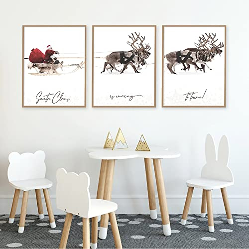 Trayosin 3er Weihnachten Premium Poster Set Moderne Kunstdrucke Weihnachtsmann Rentier mit Schlitten Art Bilder,Wandbilder Wohnzimmer Schlafzimmer,Deko Wandposter OHNE Rahmen (21x30cm)