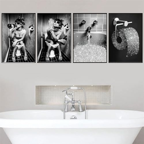 LYBOHO Lot de 4 images pour salle de bain - Noir et blanc - Pour femme soucieuse de la mode - Impression sur toile vintage - Poster pour toilettes, salle de bain - Décoration d'intérieur - Sans cadre