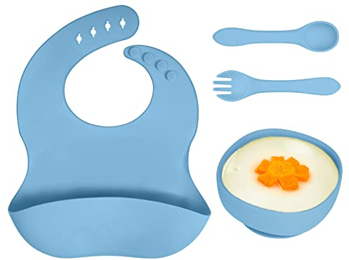 Aolso Vajilla Bebe Silicona, 4 piezas Juego Vajilla Bebe De Silicona con Babero Silicona Cuchara Bebe Silicona y Bol Ventosa Bebe, Libre BPA Vajilla infantil, Azul