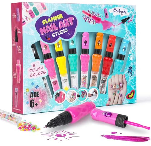 8-Count Nail Art Pen Set for Kids, Non-Toxic Nail Polish & Glitter with Doodle Tip, Nail Art Kit for Girls 7-12, Birthday for 8-12, Toys for 10 Year Olds, Includes Stickers, Gems