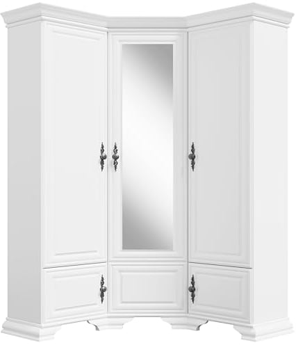 Furni masters Kleiderschrank Eck Weiss, Ecke Kleiderschränke 137 x 225, 5 Türen, Großer Spiegel, Schiene für Kleiderbügel, Kleidung Schrank, Eckkleiderschrank Schlafzimmer, Eckschrank Eckgarderobe