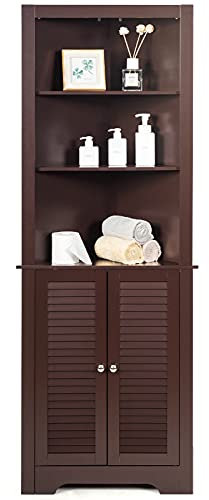 COSTWAY Bathroom Tall Cabinet, Freestanding Corner Storage Cupboard with Shutter Door and Adjustable Shelf, Wooden High Triangle Bathroom Floor Cabinet Unit for Living Room Kitchen Hallway (Espresso)