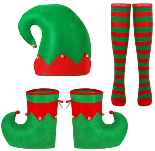 Weihnachtself Kostüm Herren Damen,Elfen Kostüm Wichtelmütze Elfenschuhe Strümpfe Weihnachten Kostüm Erwachsene Cosplay Fasching Party Verkleidung
