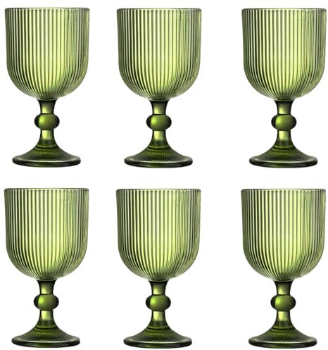 Vintage Wine Glasses Set of 6, 10 OZ Colored Glass Water Goblets, Unique Embossed Pattern High Clear Stemmed Glassware Wedding Party Bar Drinking Cups Vertical Line Green 6 Pack