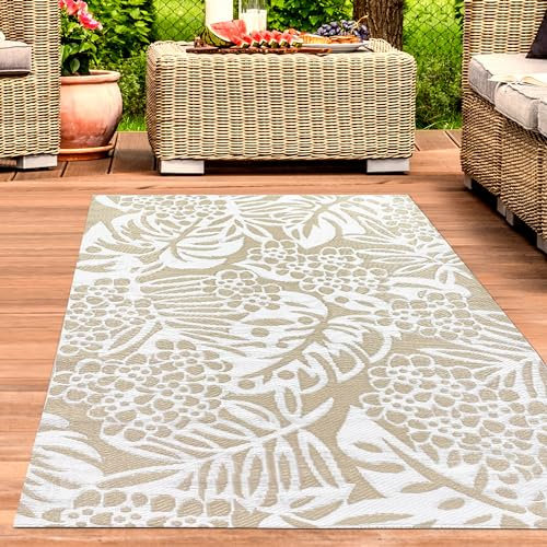 CARPETIA Outdoor-Teppich Wetterfest Kunststoff Wendeteppich Picknick Garten Terrasse Balkon pflegeleicht modern Blätter beige 150x220cm