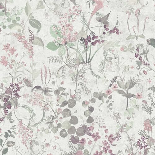 BRICOFLOR Schwedische Landhaus Tapete mit Blumen im Vintage Stil Vliestapete floral in Weiß Lila Grün ideal für Wohnzimmer