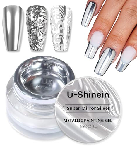U-Shinein Sliver Painting Gel, Update Painting Gel, Strong Reflection Nail Gel Nail Art Paint, Metallic Painting Nail Gel, Mirror Effect Premium Salon Nail, 8ml