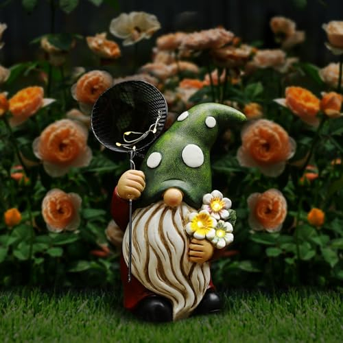 Lewondr Solar Gartenzwerg Gartendeko für Draußen, Wasserdicht Harz Zwerg Gartenfigur mit Netz & Blumen, Skulptur Gartendekoration mit Warm Licht Geschenk für Rasen Hof Terrasse Veranda